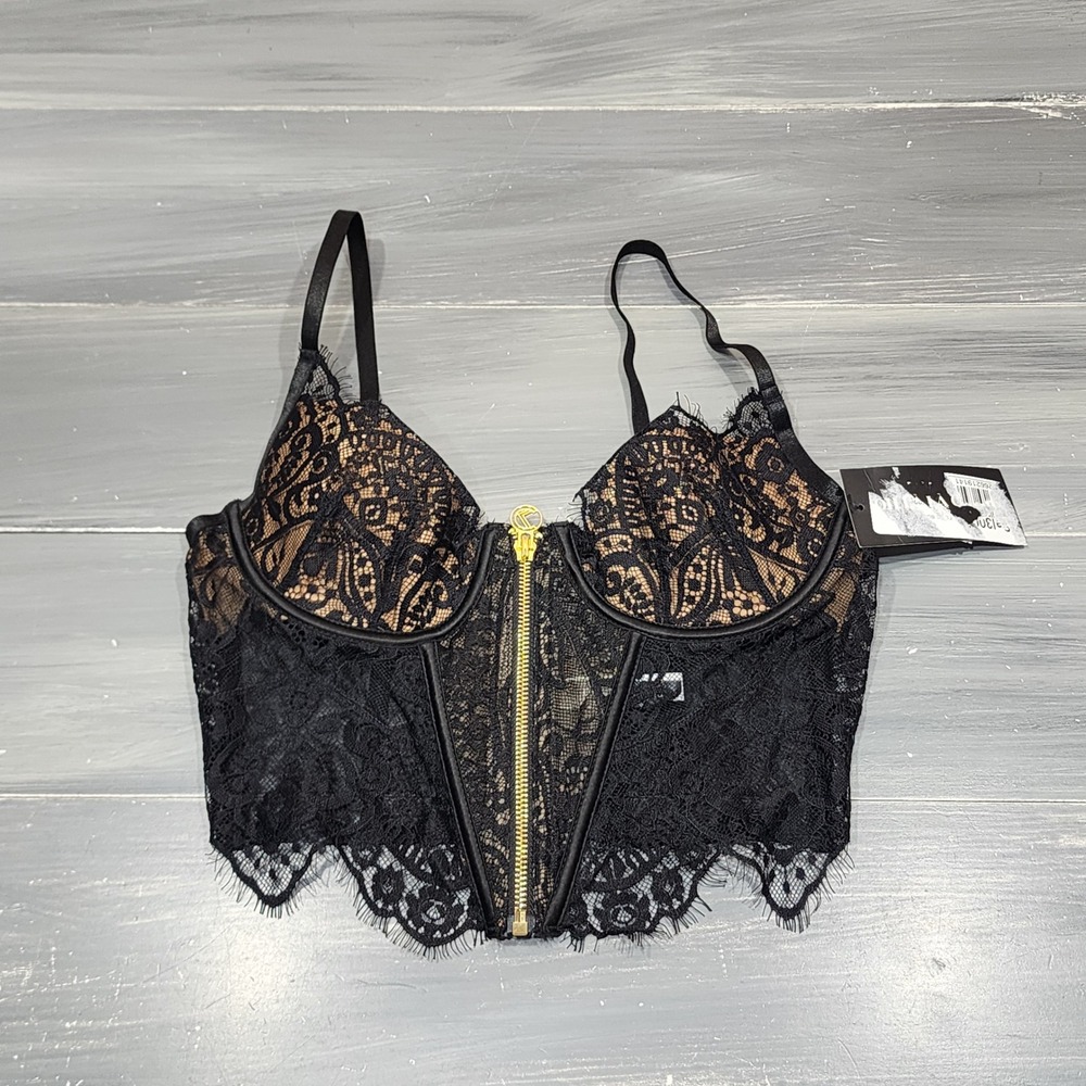 Oh La La Cheri Parisienne Lace Corset Bustier and G-String Set Black Nude Medium